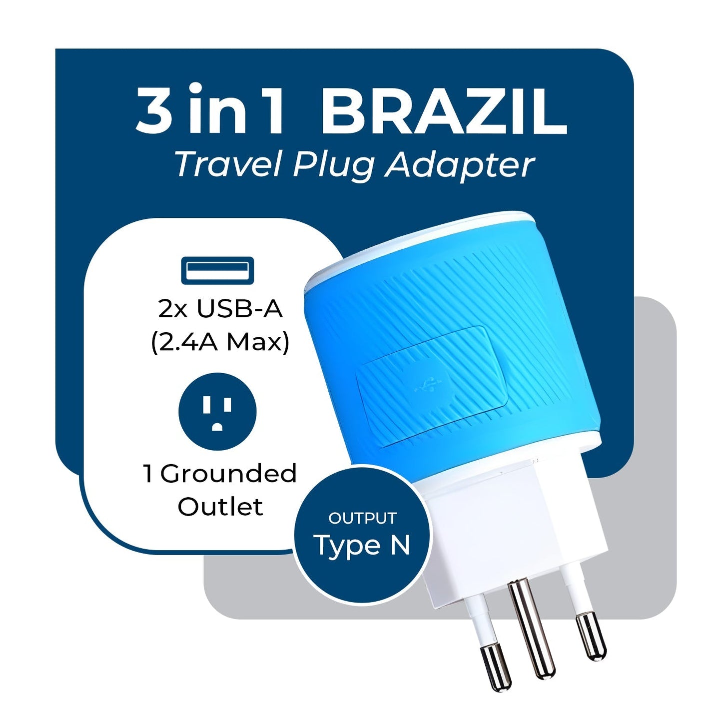 Brazil Travel Adapter - 3 in 1 - 2 USB - Type N - Compact Design (U2U-11C)