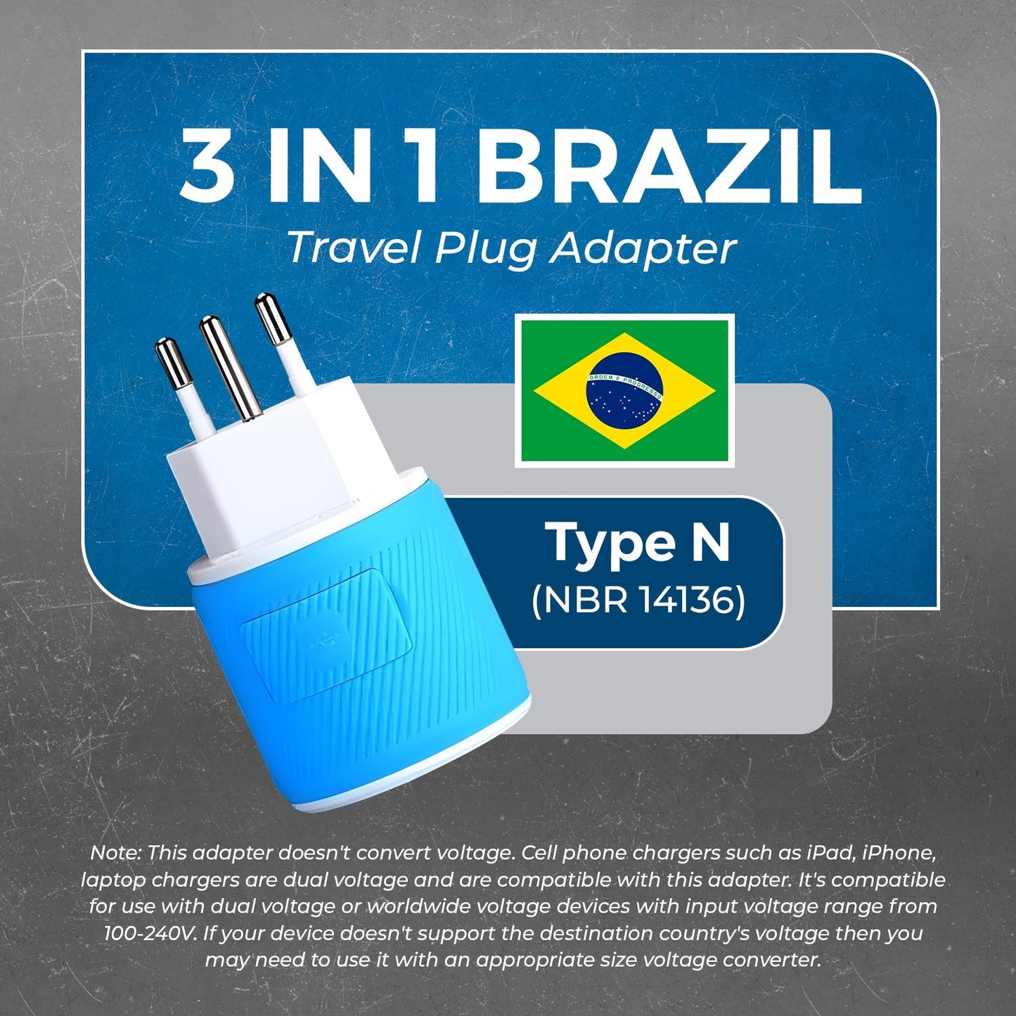 Brazil Travel Adapter - 3 in 1 - 2 USB - Type N - Compact Design (U2U-11C)