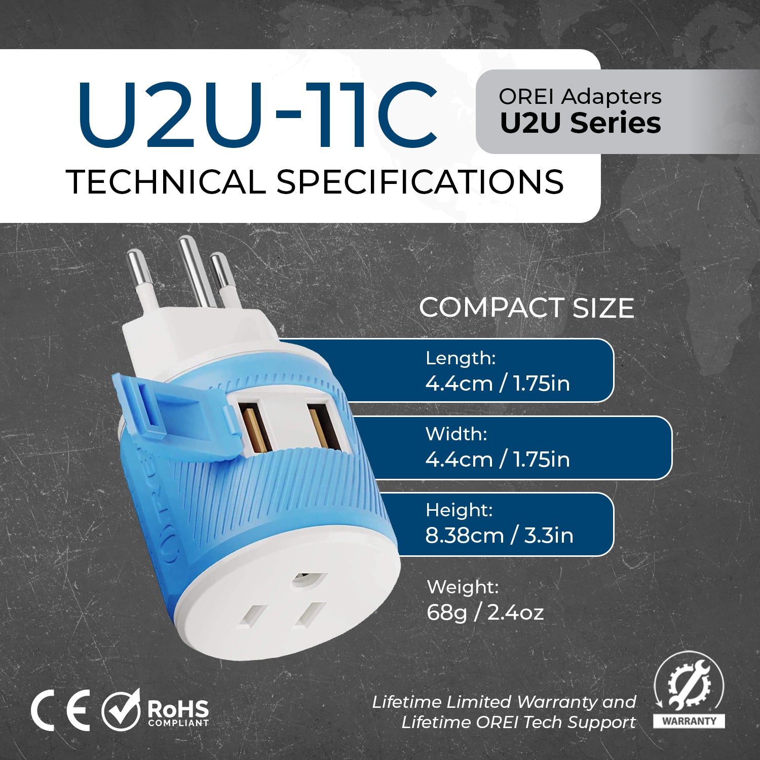 Brazil Travel Adapter - 3 in 1 - 2 USB - Type N - Compact Design (U2U-11C)