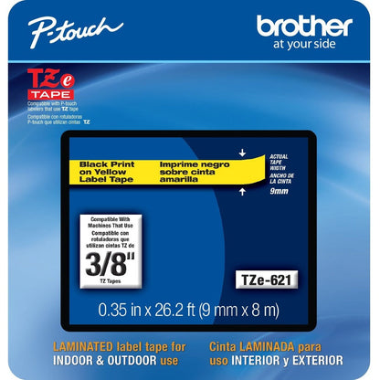 Brother Tze-621Cs, 0.35" X 26.2', Black On Yellow Laminated Label Tape