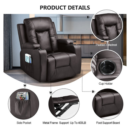 COMHOMA Recliner Chair, PU Rocking Chair for Adults, Swivel Recliner with Cup Holders, Heat and Massage, Single Sofa Seat with Side Pockets for Living Room, Bedroom (Black)