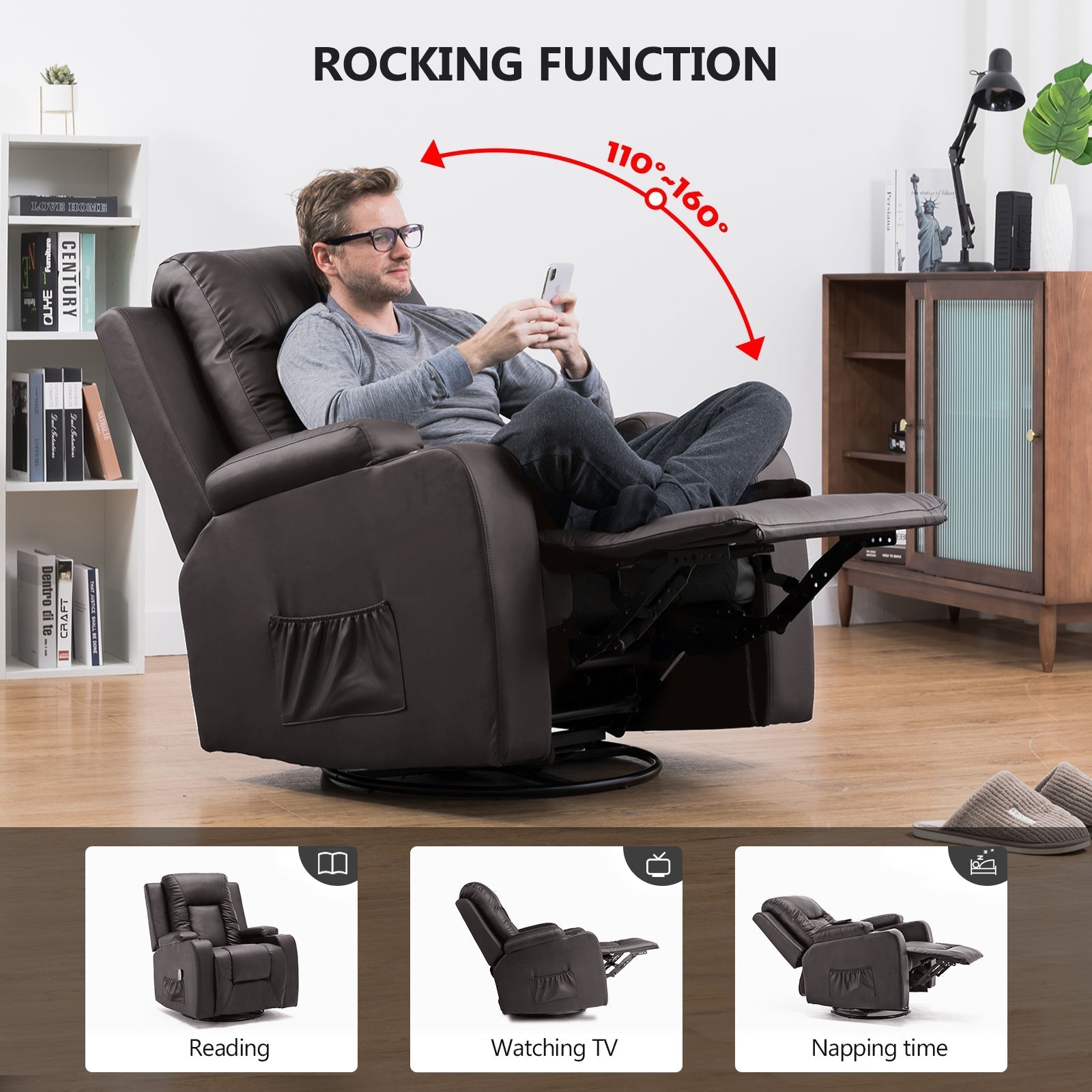 COMHOMA Recliner Chair, PU Rocking Chair for Adults, Swivel Recliner with Cup Holders, Heat and Massage, Single Sofa Seat with Side Pockets for Living Room, Bedroom (Black)