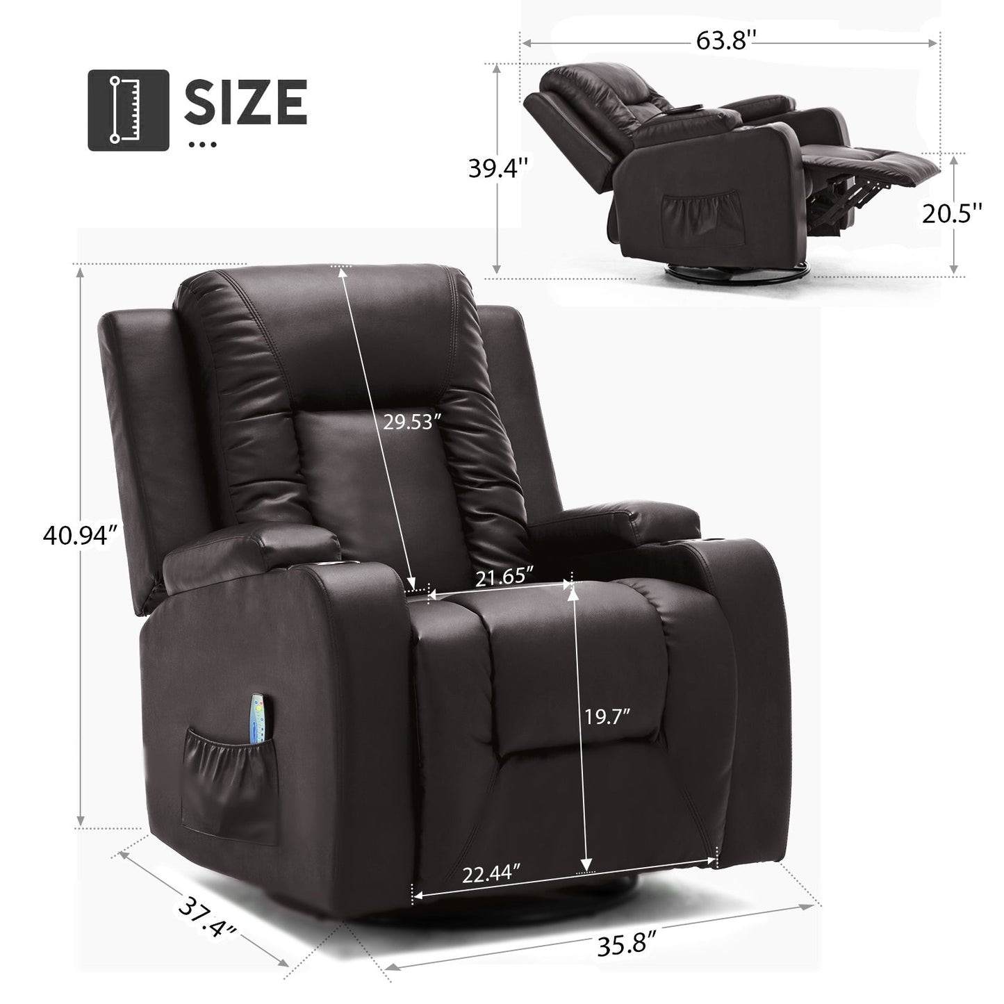 COMHOMA Recliner Chair, PU Rocking Chair for Adults, Swivel Recliner with Cup Holders, Heat and Massage, Single Sofa Seat with Side Pockets for Living Room, Bedroom (Black)