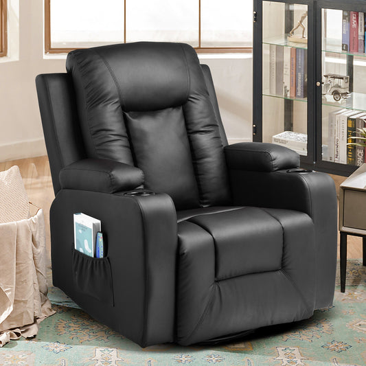 COMHOMA Recliner Chair, PU Rocking Chair for Adults, Swivel Recliner with Cup Holders, Heat and Massage, Single Sofa Seat with Side Pockets for Living Room, Bedroom (Black)