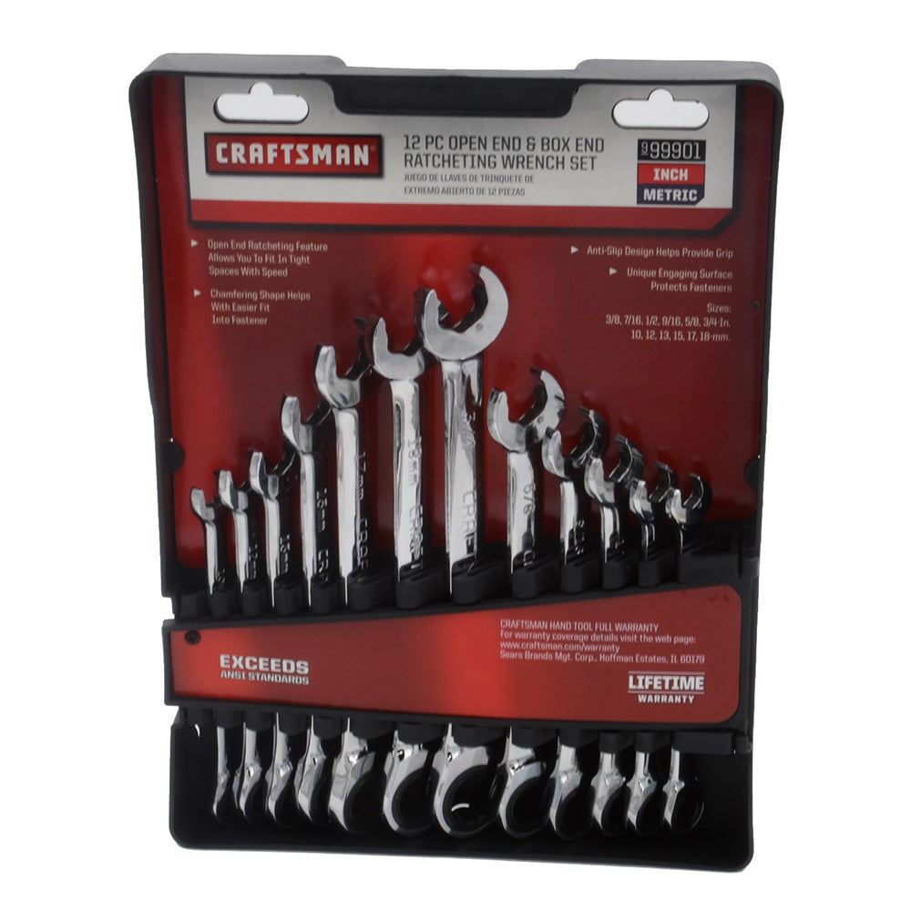 CRAFTSMAN&reg; 12-Piece Open End &amp; Box End Ratcheting Wrench Set - Metric &amp; SAE