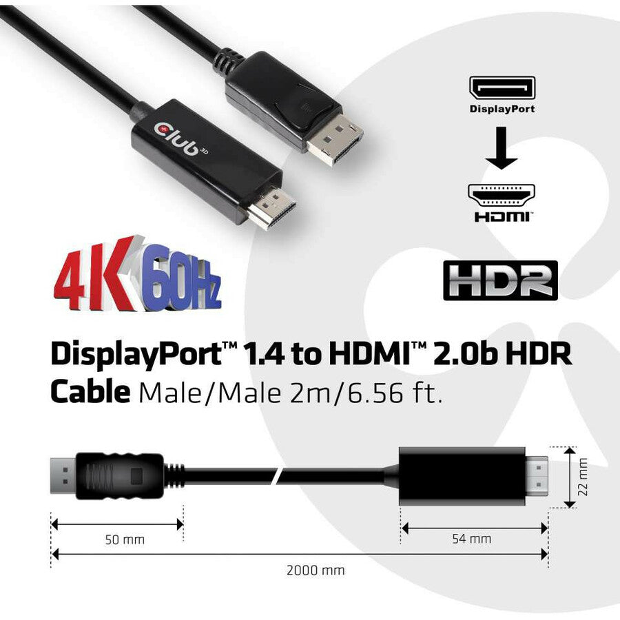 Club 3D Displayport 1.4 Cable To Hdmi 2.0B Active Adapter Male/Male 2M/6.56 Ft