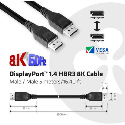 Club 3D Displayport 1.4 Hbr3 8K Cable Male/Male 5M / 16.40Ft.