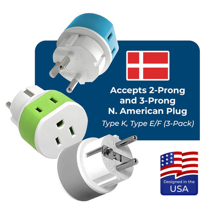 Denmark Travel Adapter - 2 in 1 - Type K - Compact Design (US-20)