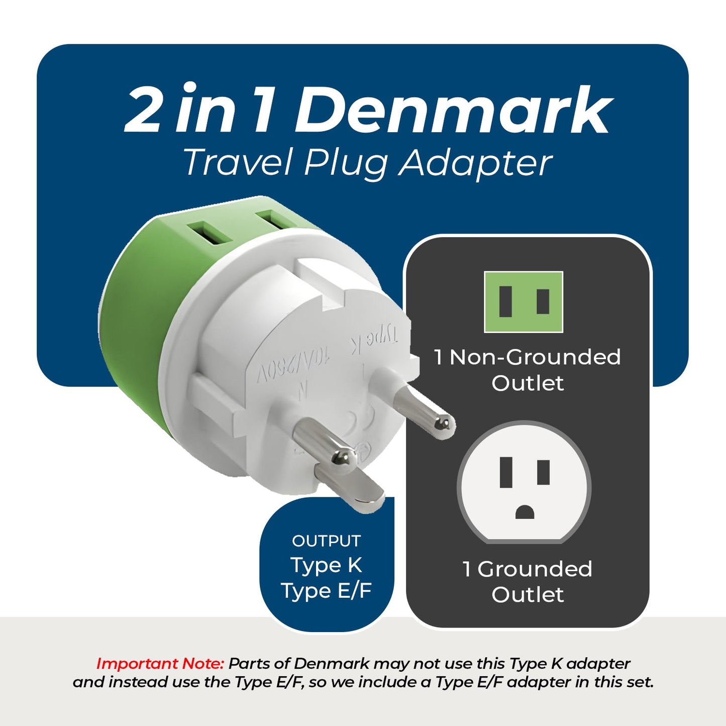 Denmark Travel Adapter - 2 in 1 - Type K - Compact Design (US-20)