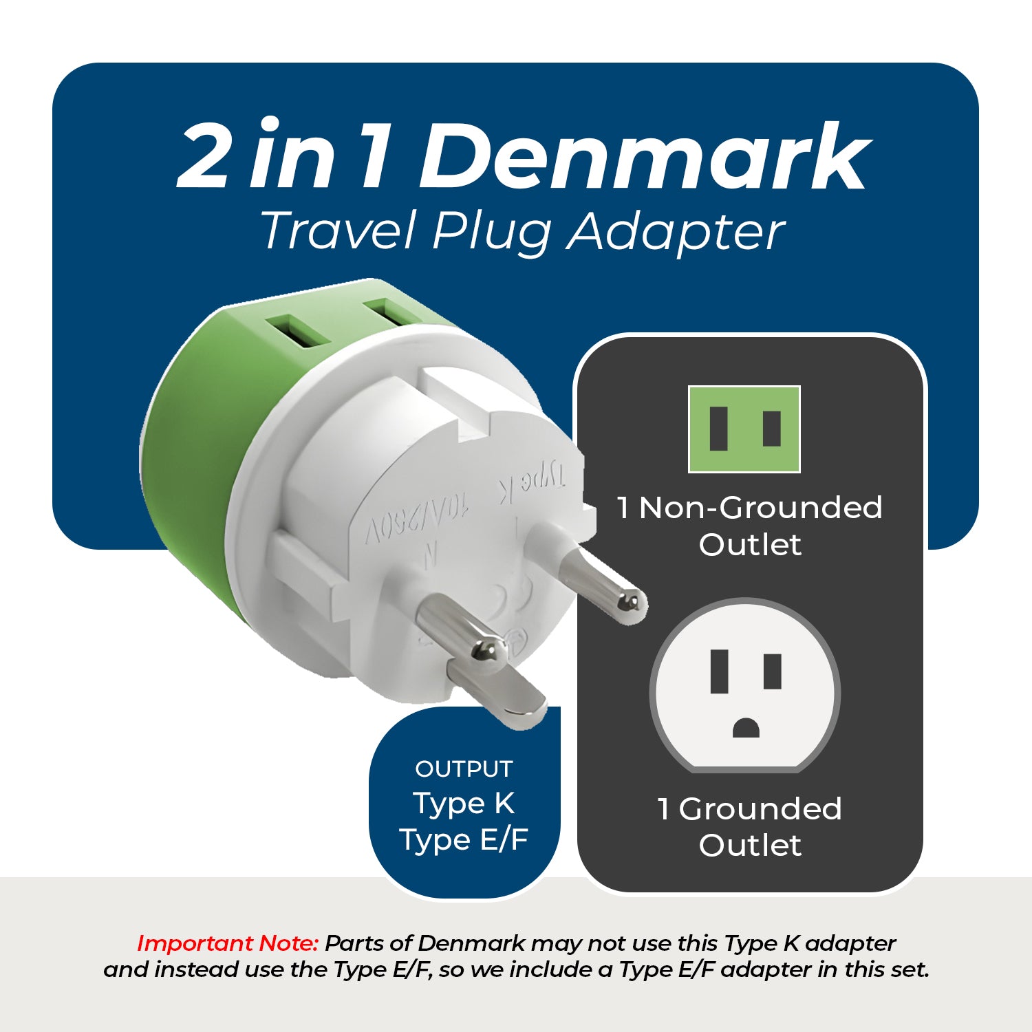 Denmark Travel Adapter - 2 in 1 - Type K - Compact Design (US-20)