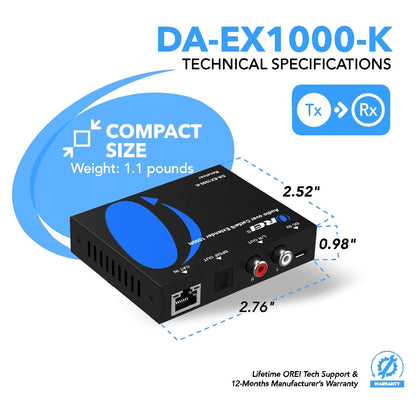 Digital Audio Over CAT5 Extender Upto 1000 Feet - Extend Digital Optical Coxial Toslink Signal Over Ethernet PoC for Long Distance Extension (DA-EX1000-K)