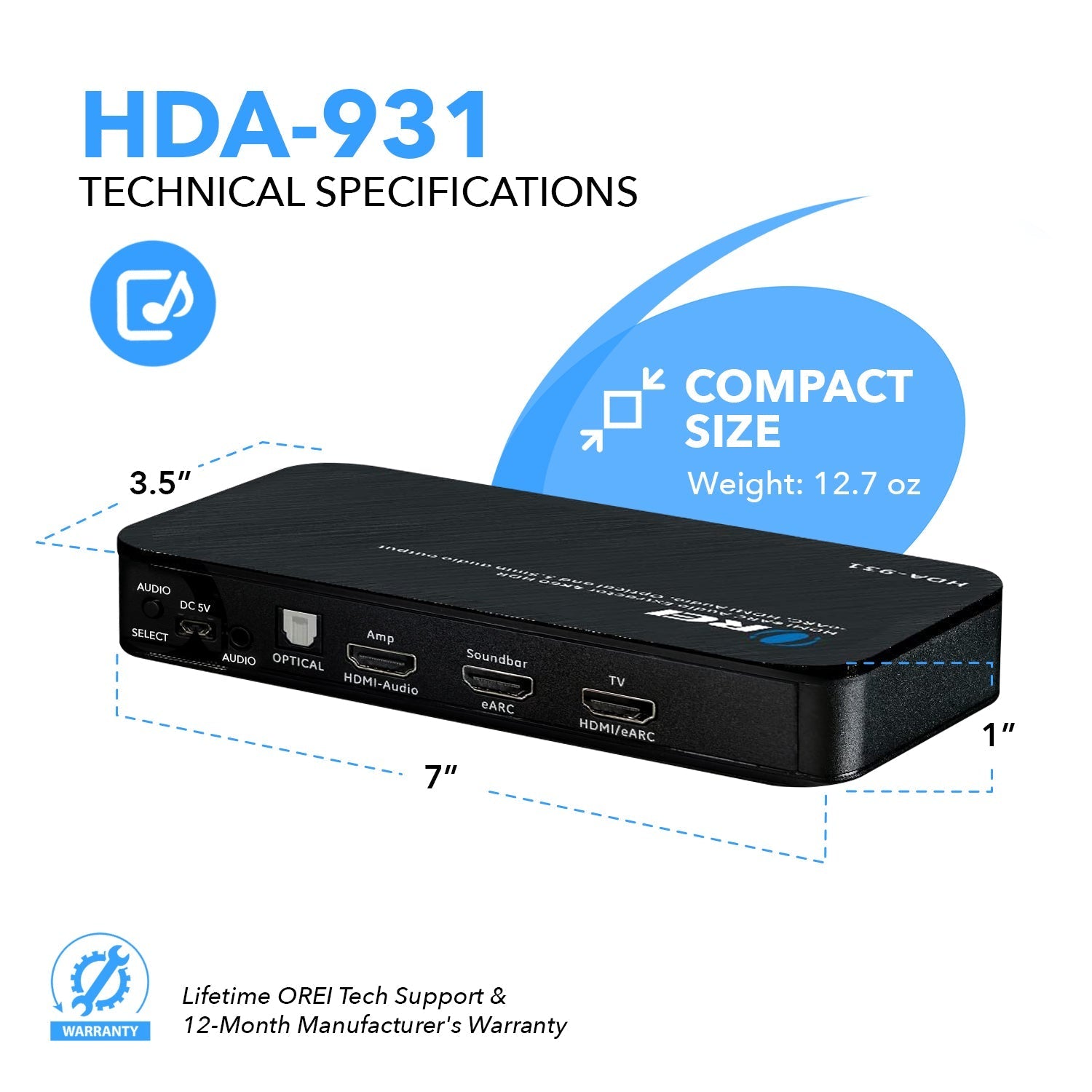 Dual HDMI eARC Audio Extractor 4K@60Hz with Optical Port & 3.5mm jack, 18Gbps bandwidth (HDA-931)