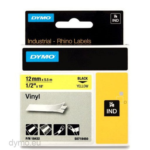 Dymo Rhino 1/2In X 18Ft, Yellow Vinyl Labels