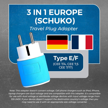 Europe, France Travel Adapter - 3 in 1 - 2 USB - Type E/F - Compact Design (U2U-9)