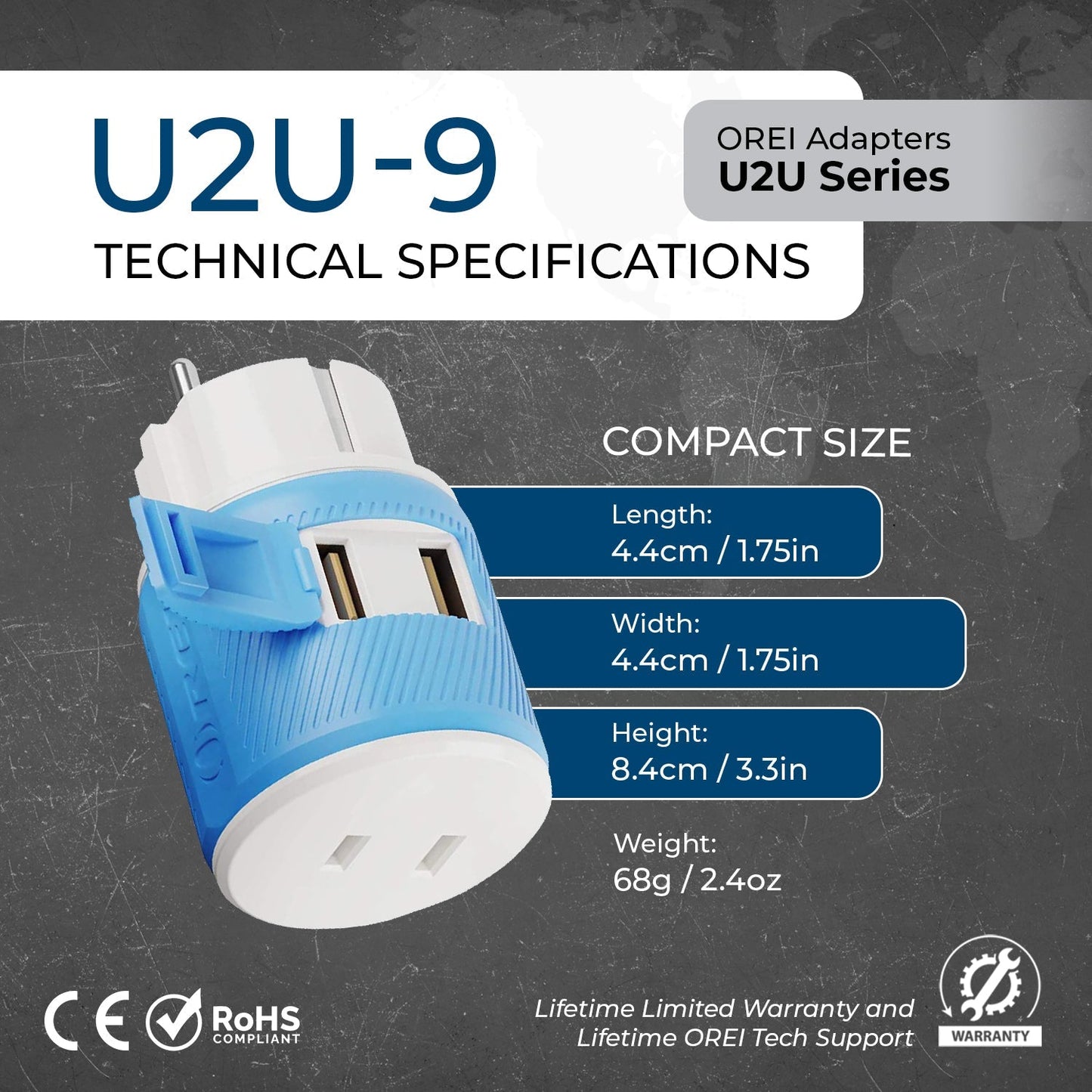 Europe, France Travel Adapter - 3 in 1 - 2 USB - Type E/F - Compact Design (U2U-9)