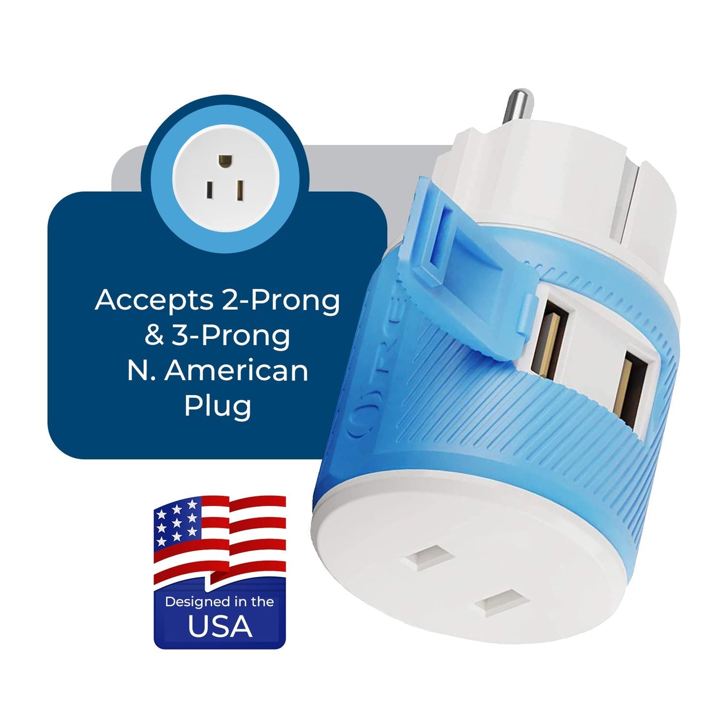 Europe, Germany Travel Adapter - 3 in 1 - 2 USB - Type C - Compact Design (U2U-9C)