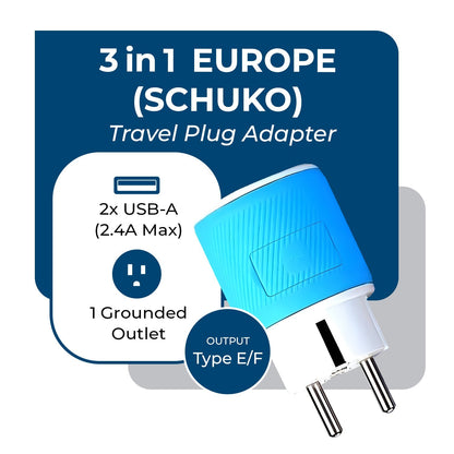 Europe, Germany Travel Adapter - 3 in 1 - 2 USB - Type C - Compact Design (U2U-9C)