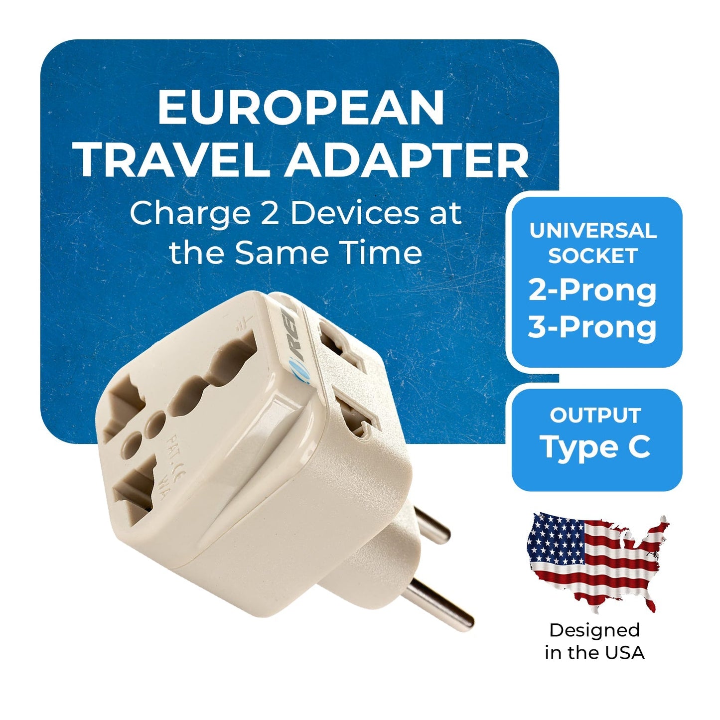 European Travel Adapter - 2 in 1 - Type C - Compact Design (DB-9C)