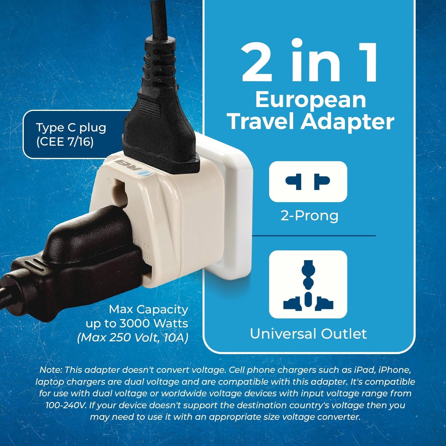 European Travel Adapter - 2 in 1 - Type C - Compact Design (DB-9C)