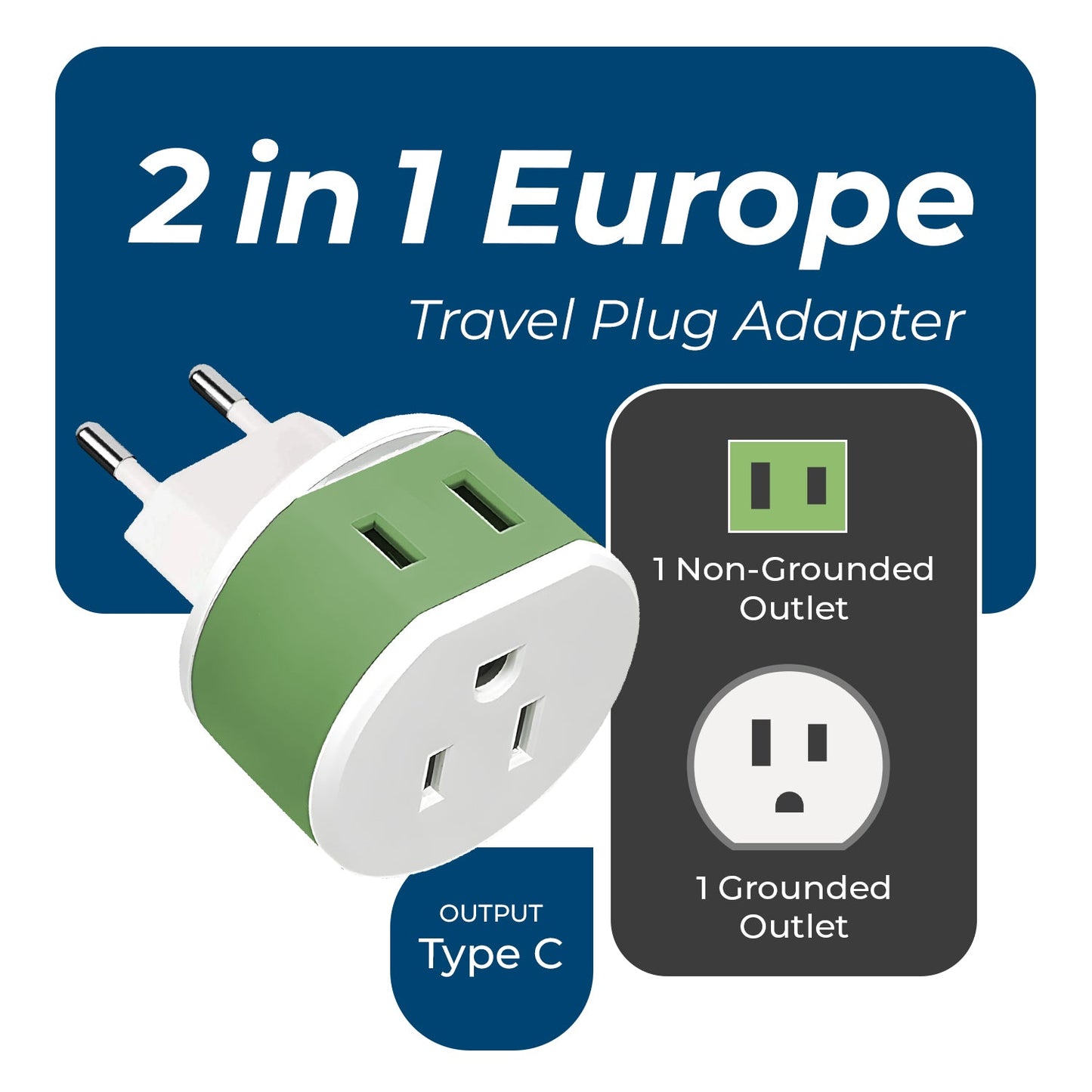 European Travel Adapter - 2 in 1 - Type C - Compact Design (US-9C)