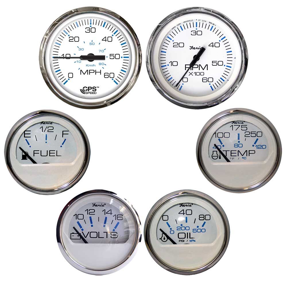 Faria Chesapeake White w/Stainless Steel Bezel Boxed Set of 6 - Speed, Tach, Fuel Level, Voltmeter, Water Temperature &amp; Oil PSI - Inboard Motors