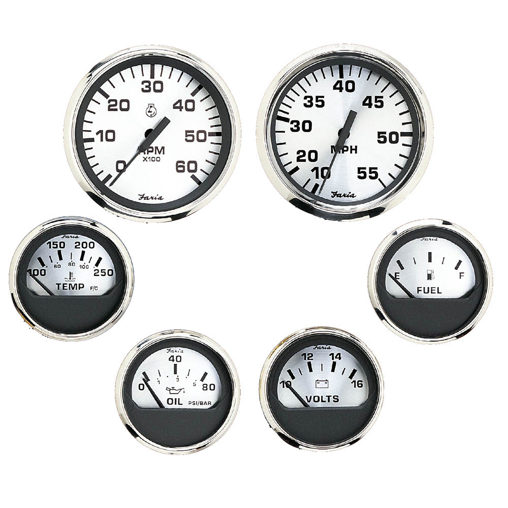 Faria Spun Silver Box Set of 6 Gauges f/ Inboard Engines - Speed, Tach, Voltmeter, Fuel Level, Water Temperature &amp; Oil