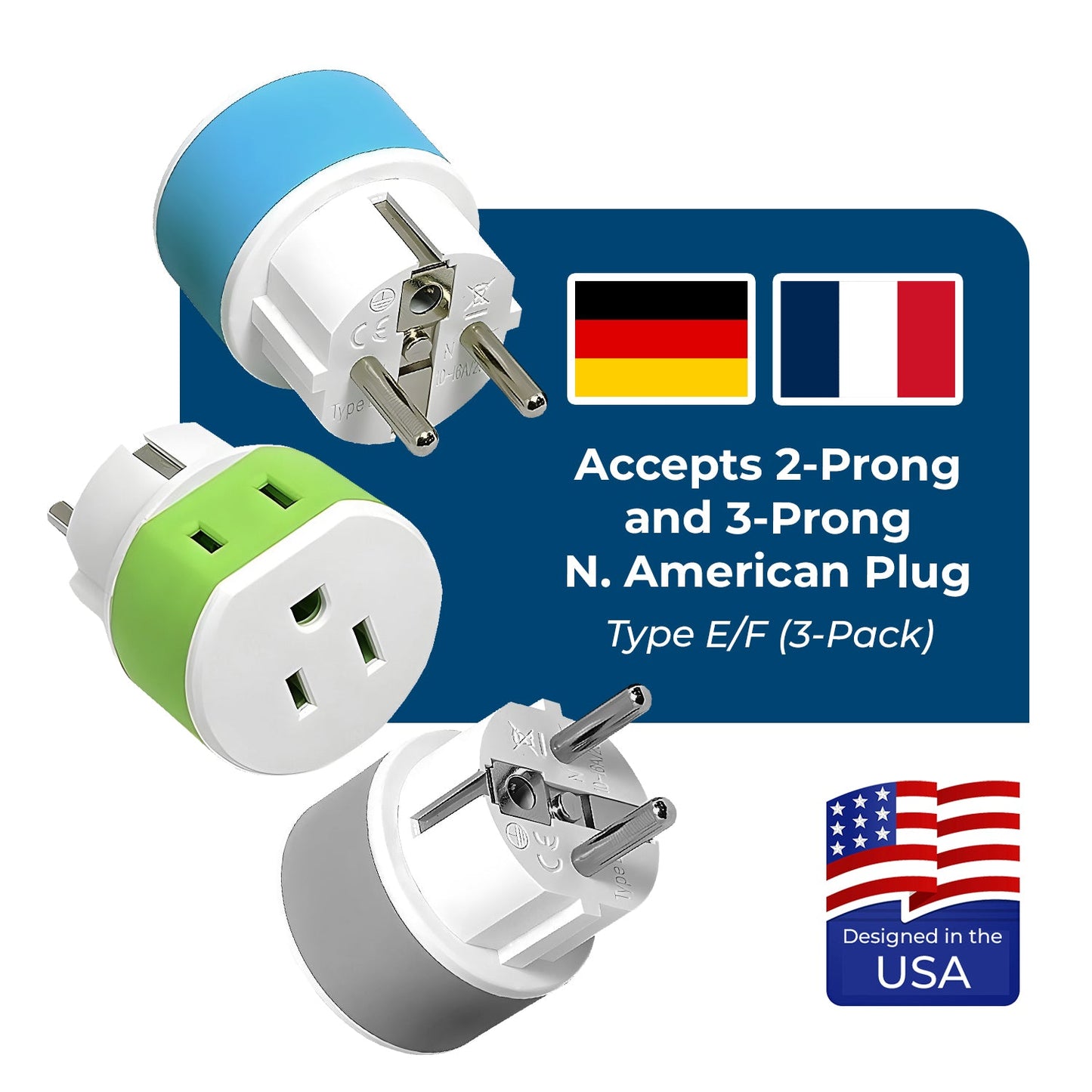 Germany, France Travel Adapter - 2 in 1 - Type E/F - Compact Design (US-9)