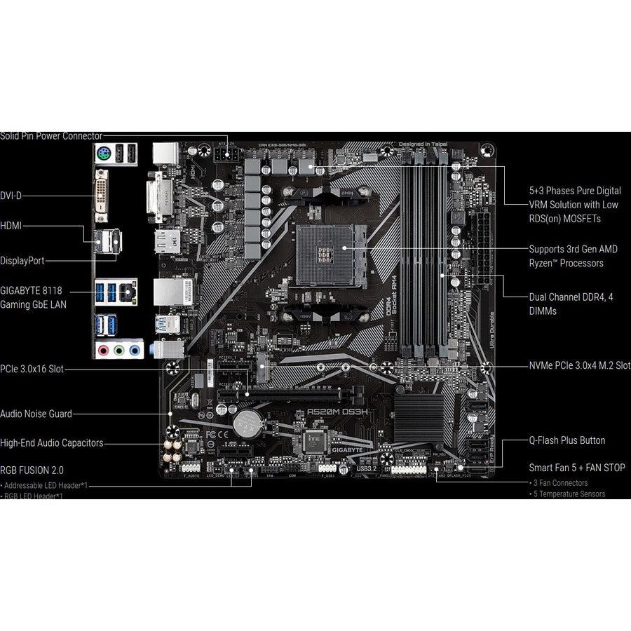 Gigabyte A520M Ds3H Socket Am4 Amd A520 Ddr4 Sata3 Usb3.2 M.2 Micro Atx Motherboard