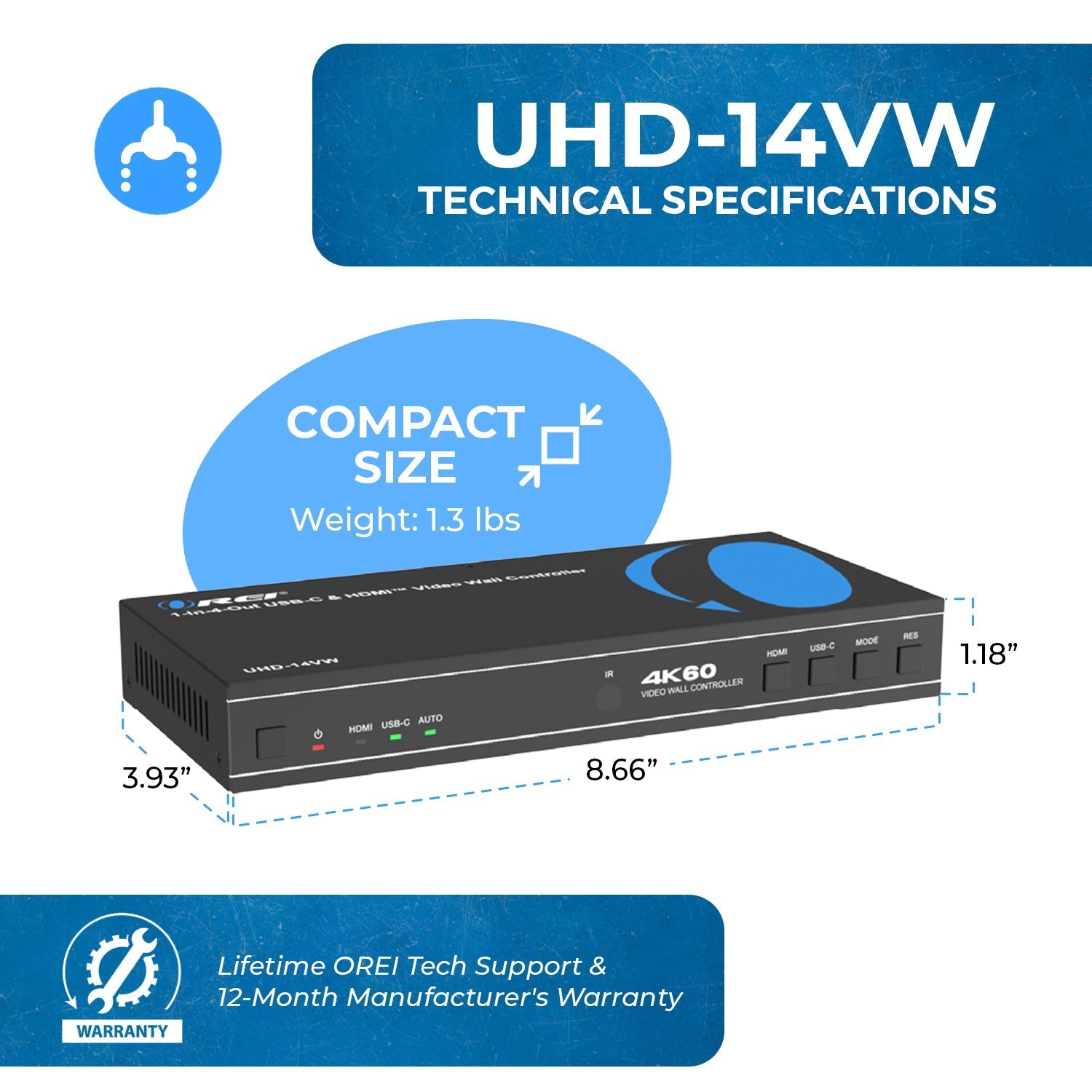 HDMI 2x2 Video Wall Controller with UBS-C input (UHD-14VW)