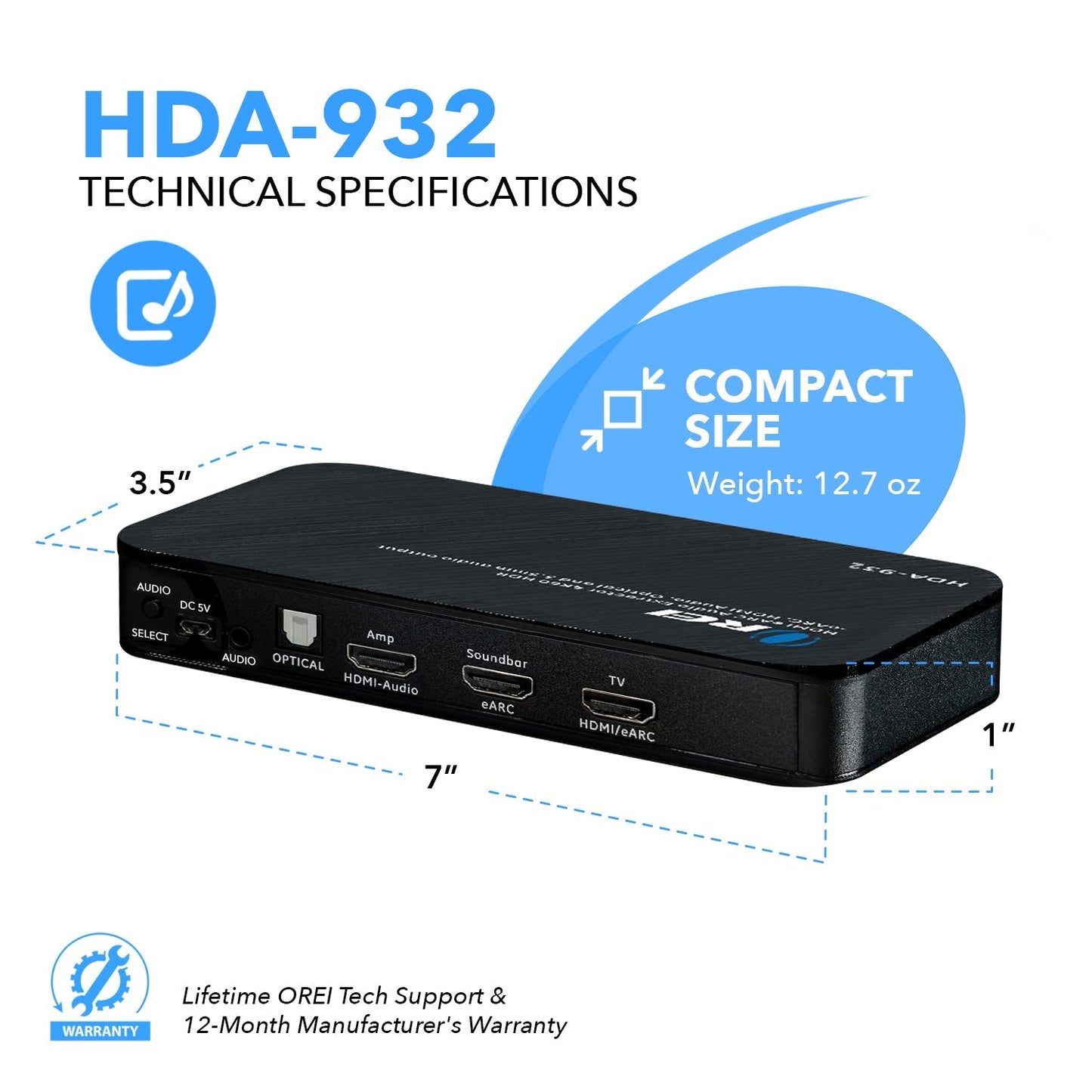 HDMI eARC Audio Extractor 4K@60Hz with Optical Port & 3.5mm jack, 18Gbps bandwidth (HDA-932)