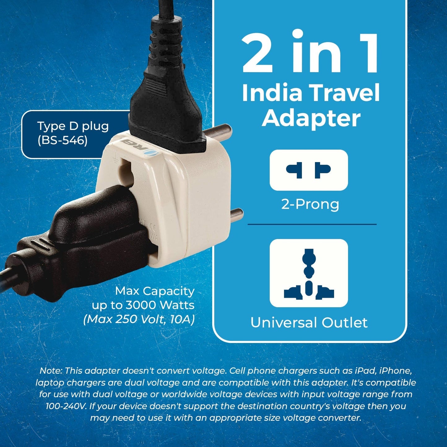 India, Nepal Travel Adapter - 2 in 1 - Type D - Compact Design (DB-10)