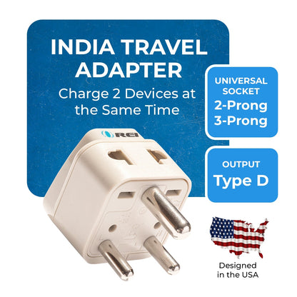 India, Nepal Travel Adapter - 2 in 1 - Type D - Compact Design (DB-10)