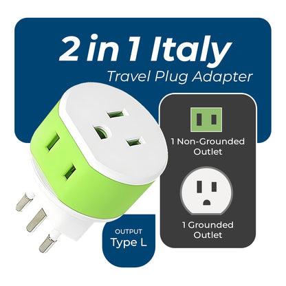 Italy, Uruguay Travel Adapter - 2 in 1 - Type L - Compact Design (US-12A)