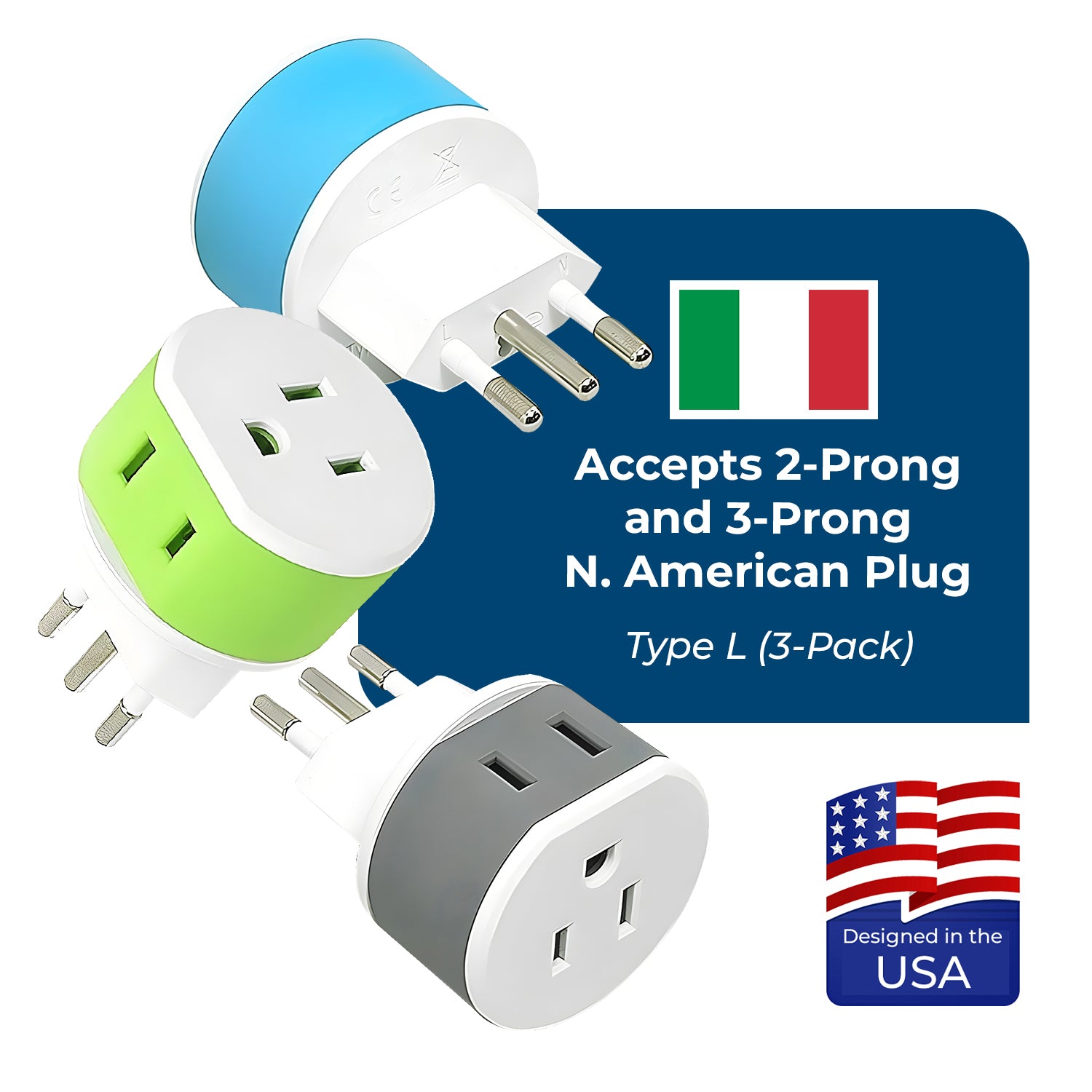 Italy, Uruguay Travel Adapter - 2 in 1 - Type L - Compact Design (US-12A)