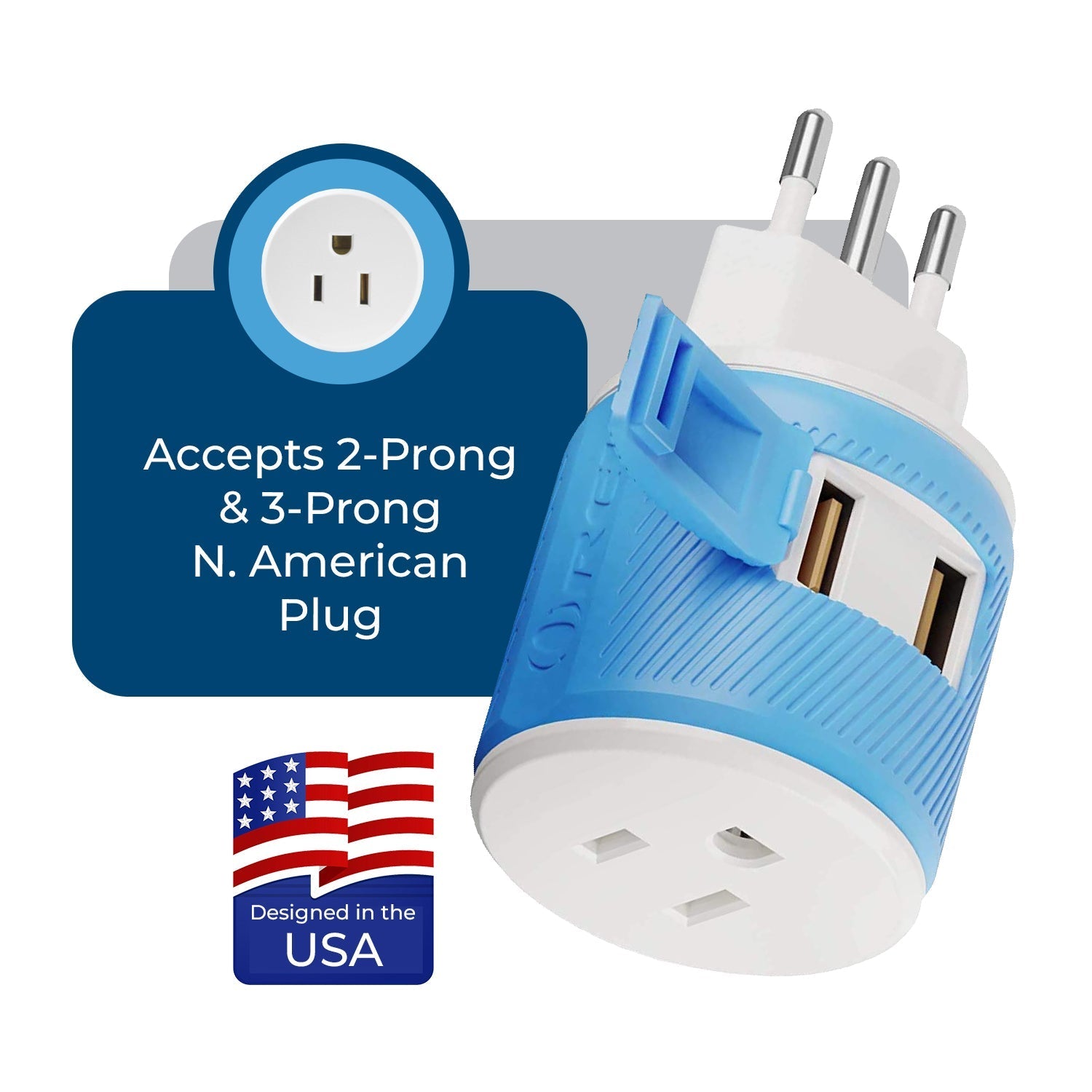 Italy, Uruguay Travel Adapter - 3 in 1 - 2 USB - Type L - Compact Design (U2U-12A)