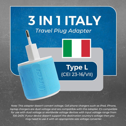 Italy, Uruguay Travel Adapter - 3 in 1 - 2 USB - Type L - Compact Design (U2U-12A)