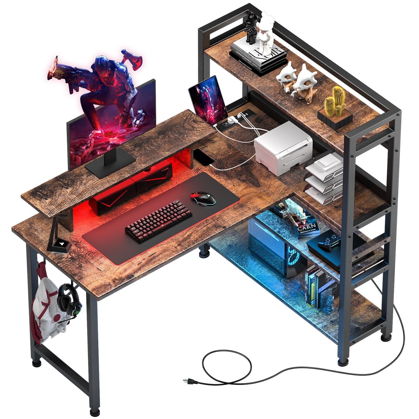 L-Shaped LED Gaming Desk with Monitor Stand