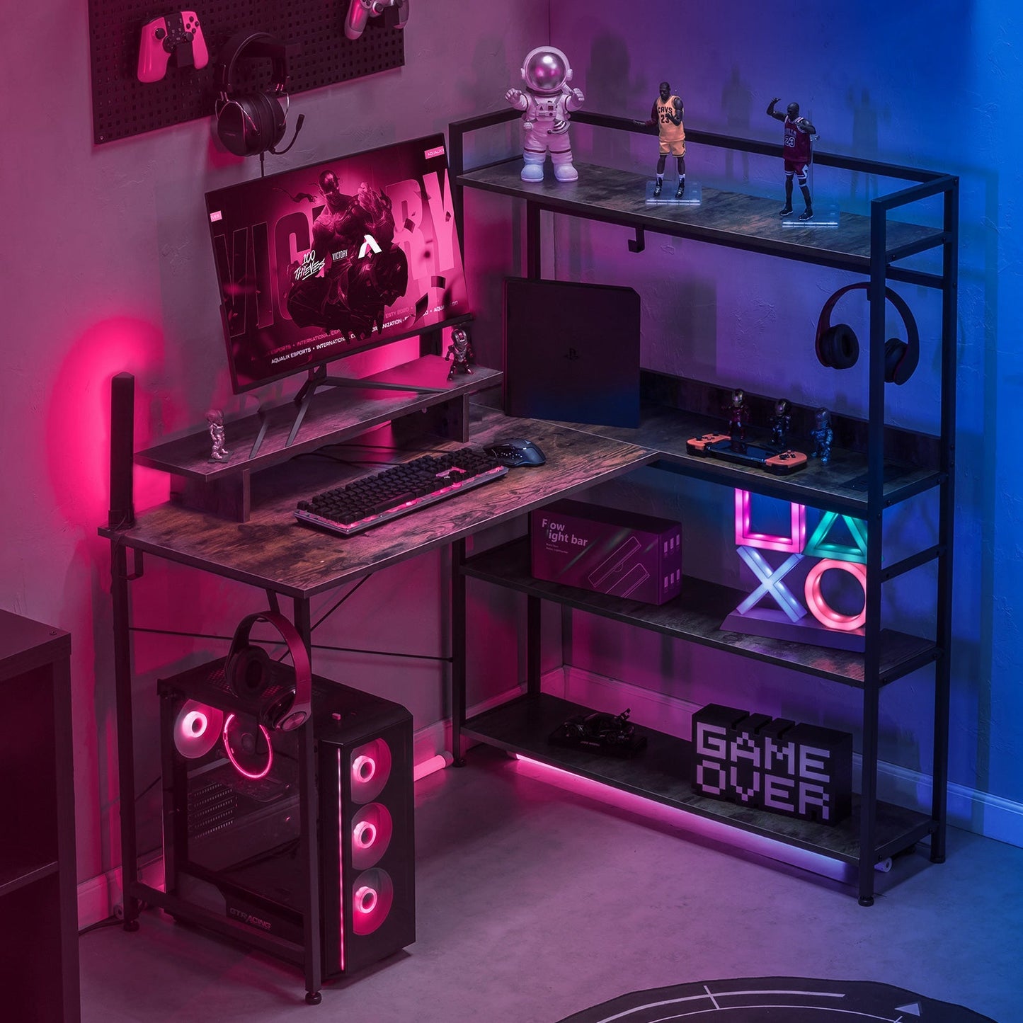 L-Shaped LED Gaming Desk with Monitor Stand