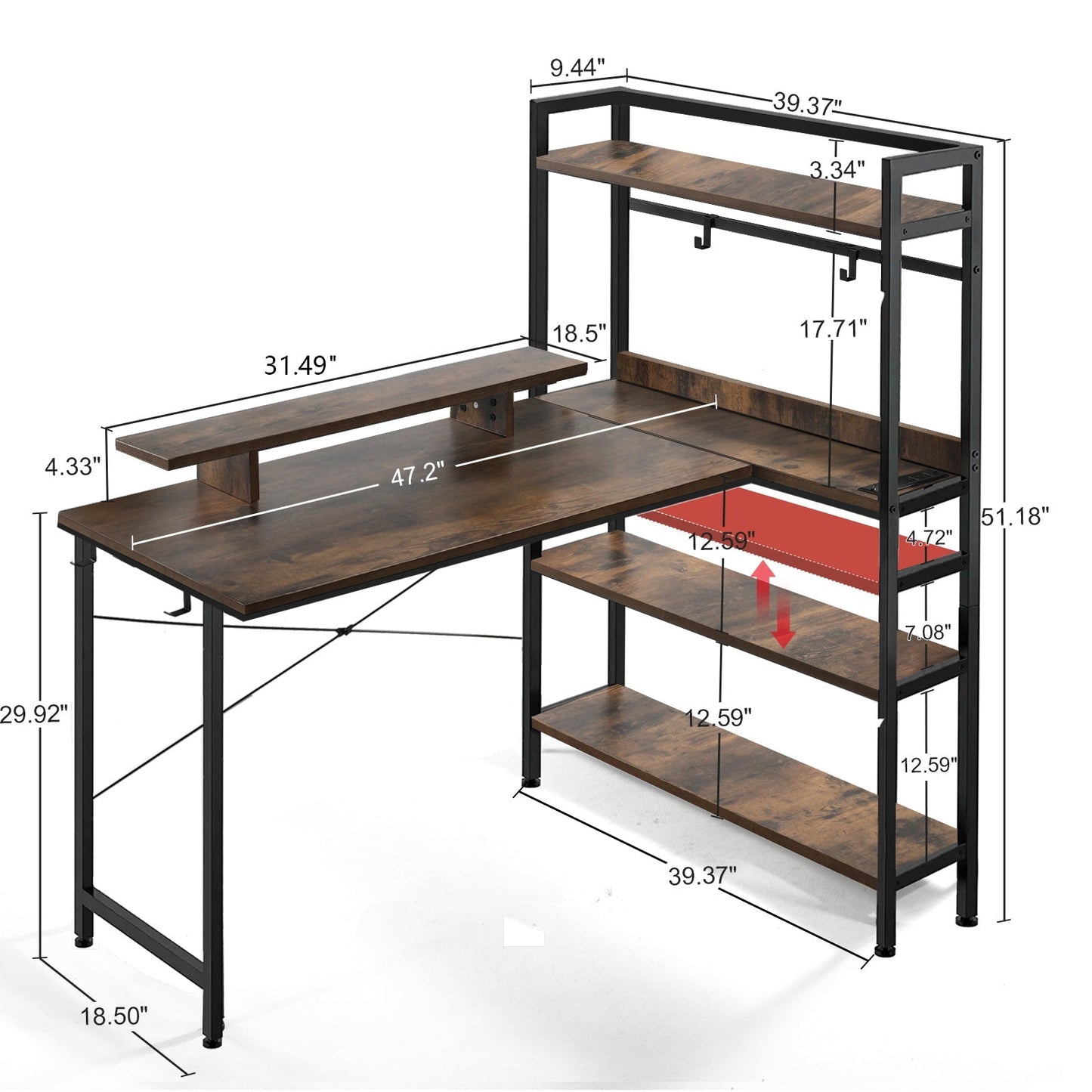 L-Shaped LED Gaming Desk with Monitor Stand