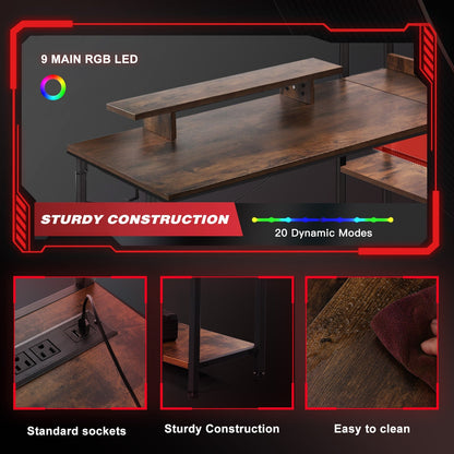 L-Shaped LED Gaming Desk with Monitor Stand