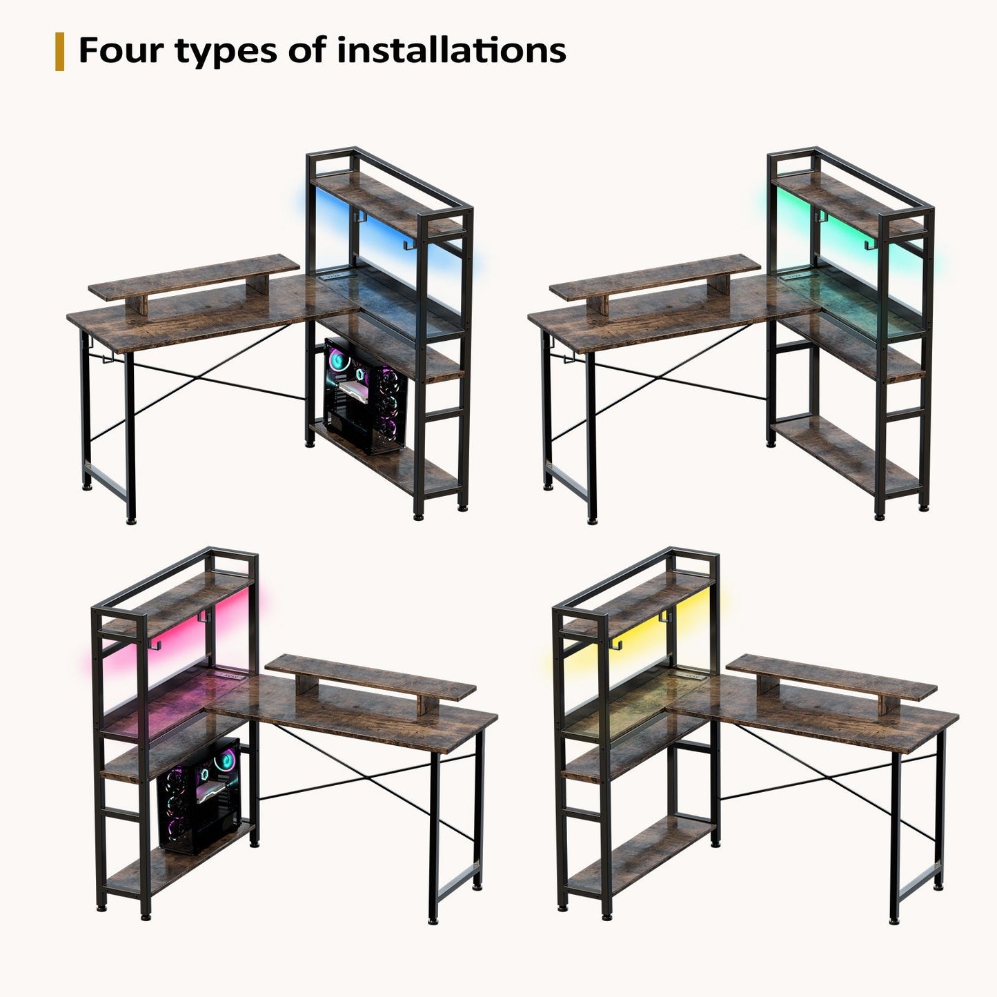 L-Shaped LED Gaming Desk with Monitor Stand