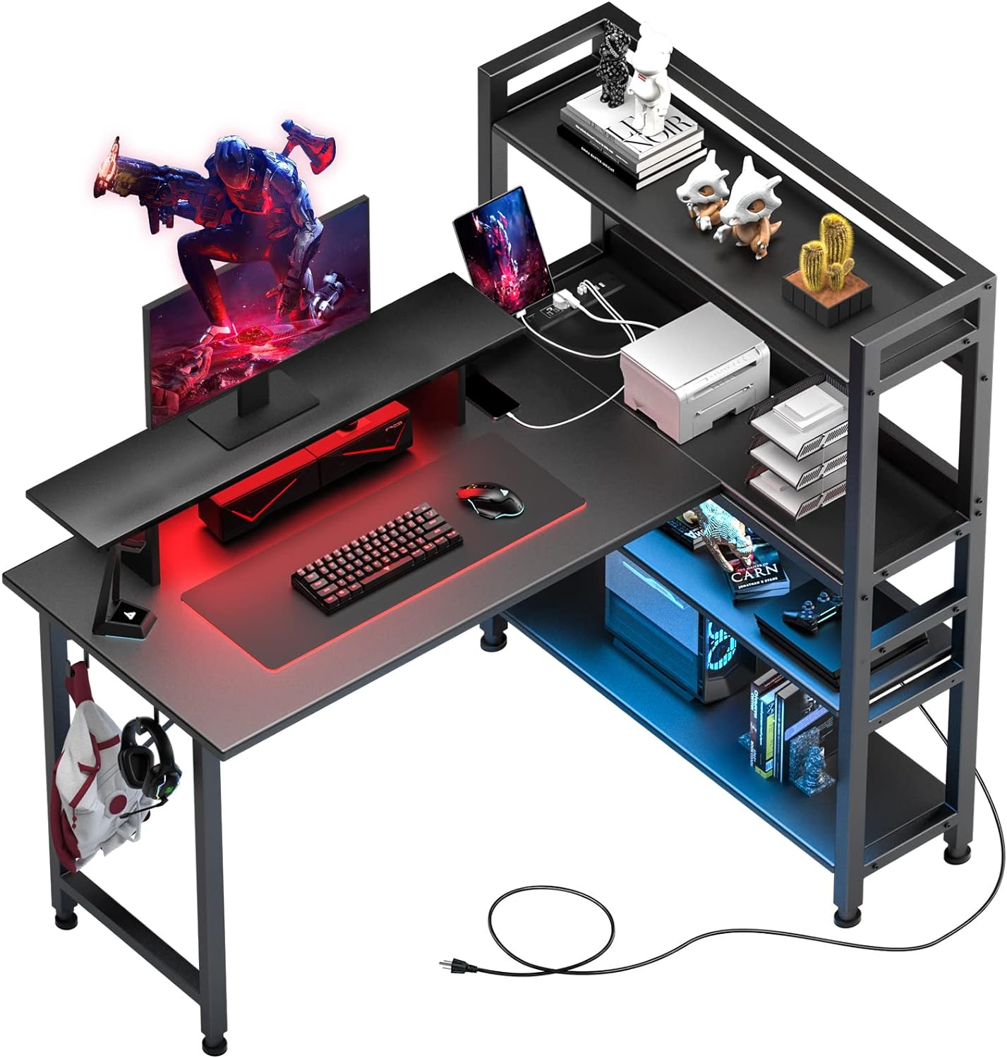 L-Shaped LED Gaming Desk with Monitor Stand