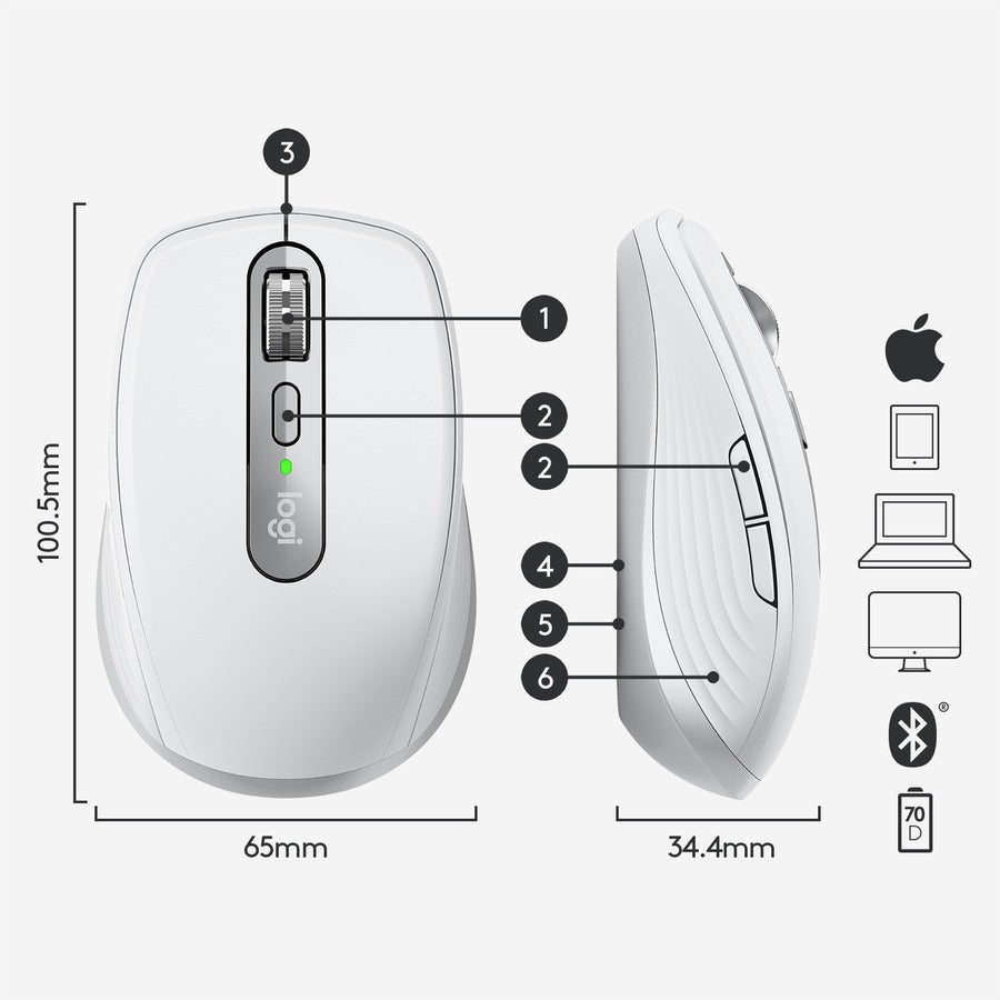 Logitech Mx Anywhere 3 For Mac Mouse Right-Hand Rf Wireless+Bluetooth 4000 Dpi