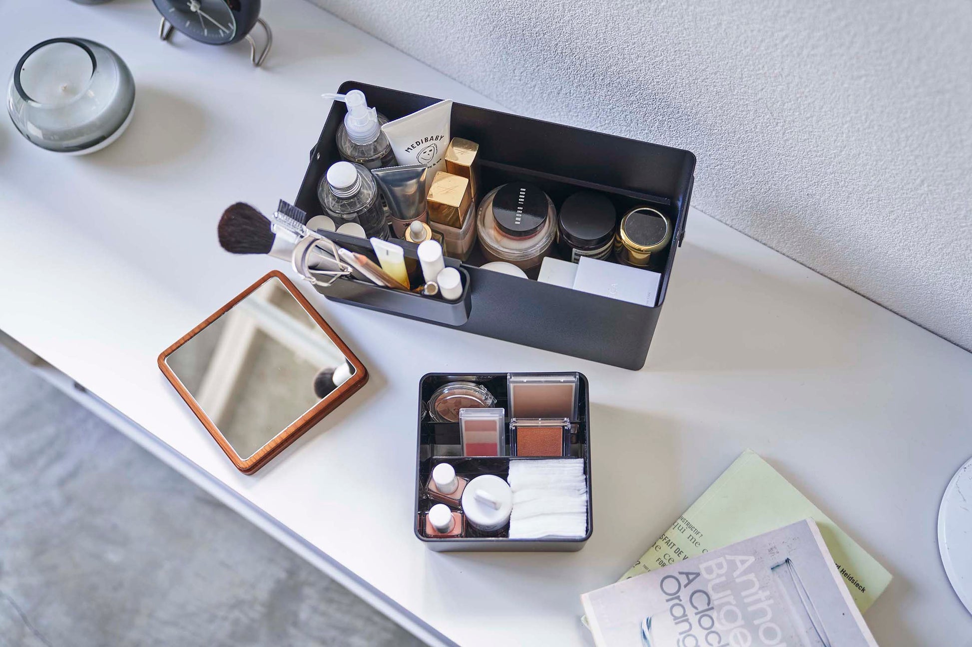 Makeup Organizer with Mirror - Steel + Wood