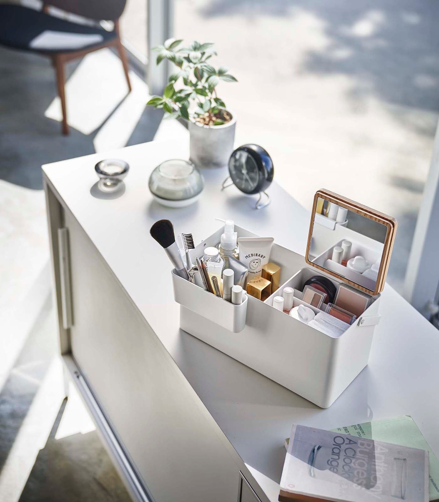 Makeup Organizer with Mirror - Steel + Wood