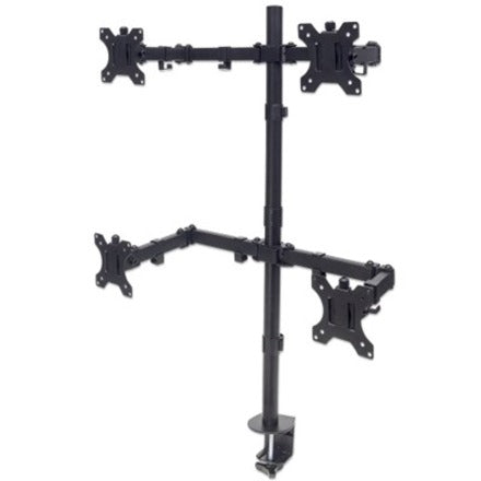 Manhattan TV & Monitor Mount, Desk, Double-Link Arms, 4 screens, Screen Sizes: 10-27" , Black, Stand or Clamp Assembly, Quad Screens, VESA 75x75 to 100x100mm, Max 8kg (each), Lifetime Warranty