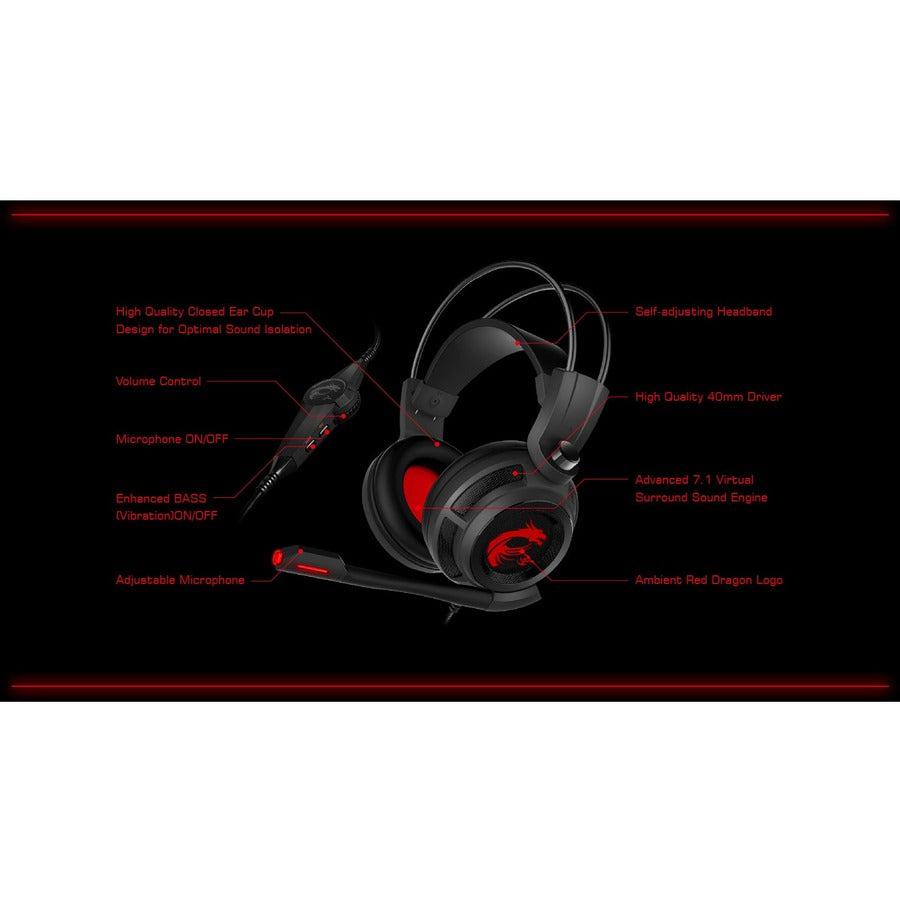 Msi Ds502 7.1 Virtual Surround Sound Gaming Headset 'Black With Ambient Dragon Logo, Wired Usb Connector, 40Mm Drivers, Inline Smart Audio Controller, Ergonomic Design'