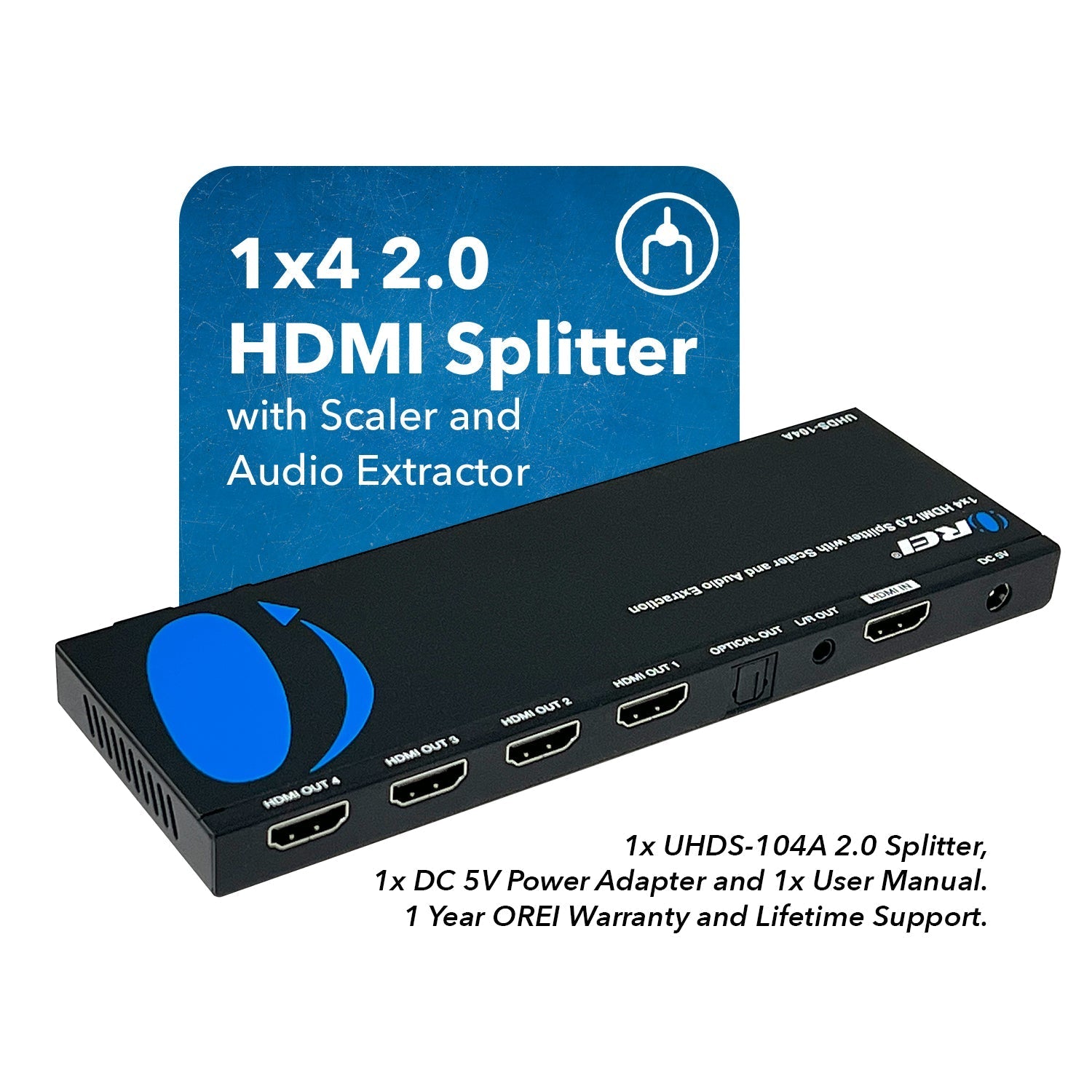 OREI 4K 1x4 HDMI Splitter with Scaler, Audio Extractor & EDID management (UHDS-104A)