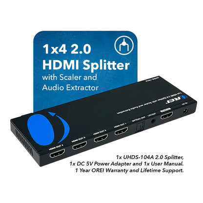 OREI 4K 1x4 HDMI Splitter with Scaler, Audio Extractor & EDID management (UHDS-104A)