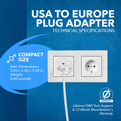 OREI American USA To European Schuko Germany Plug Adapters CE Certified Heavy Duty - 2 Pack (GS20)